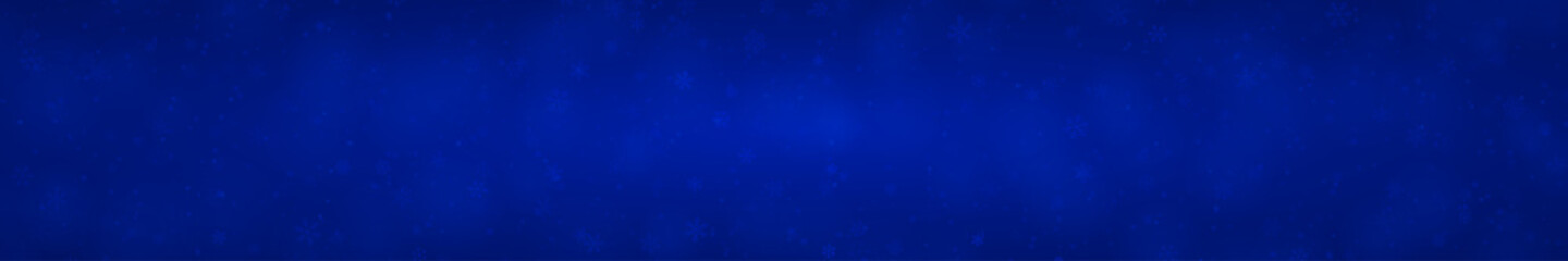 Christmas banner of snowflakes of different shapes, sizes and transparency on blue background