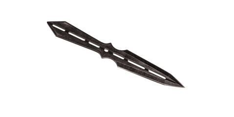 Double-edged throwing knife isolate on a white back. Knife made of solid, dark metal pieces. Ninja weapons.