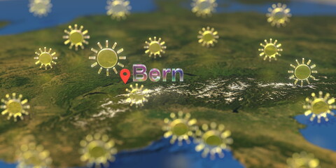 Bern city and sunny weather icon on the map, weather forecast related 3D rendering