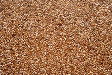 Flat even background of raw dry brown flax seeds