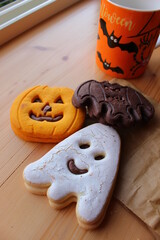 gingerbread halloween cookies on wooden background