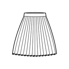 Skirt pleat technical fashion illustration with above-the-knee silhouette, circular fullness, thick waistband. Flat bottom template front, white color style. Women, men, unisex CAD mockup