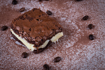 Chocolate brownie with milk powder delicious filling. Closeup photography.