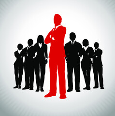 Leader in front of team of successful executives. A team of successful executives led by a great leader who stands in front of them.
