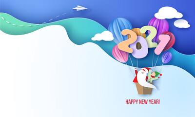 2021 New Year design card with Santa Claus and elf flying