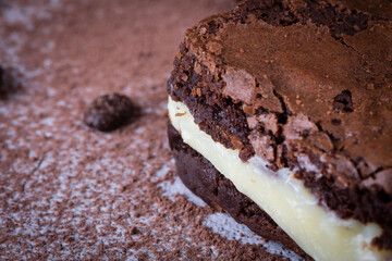 Chocolate brownie with milk powder delicious filling. Closeup photography.