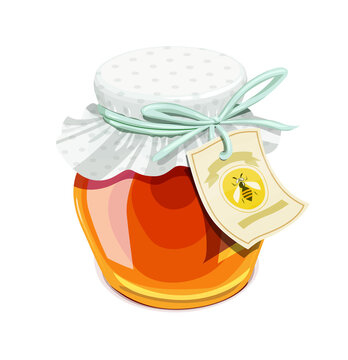 Honey jar. Vintage style. Delicious organic food. Glass capacity for bee meal with lid, isolated white background. Illustration.