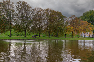 Image of multi-colored trees and autumn cloudy windy  sky, Leiden, Netherlands