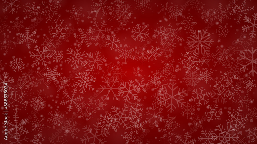 Wall mural christmas background of snowflakes of different shapes, sizes and transparency in red colors