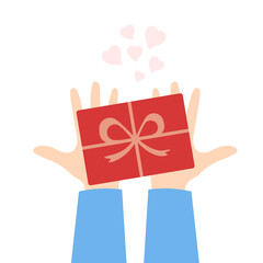 Hand holding gift box isolated on white background. Flat cartoon style. Vector illustration