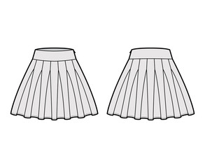 Skirt rah-rah Cheer technical fashion illustration with above-the-knee lengths silhouette, thick waistband. Flat bottom template front, back, grey color style. Women, men, unisex CAD mockup