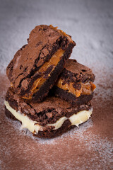 Chocolate brownie with delicious filling. Closeup photography.