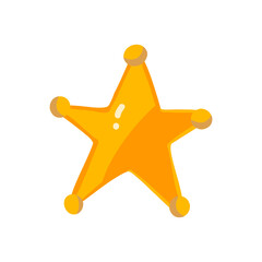 Vector gold sheriff star in flat style on a white background. Gold five-pointed badge for animation or games in a cartoon style. Clothing design for characters from the wild west, cowboys, westerns.
