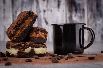Chocolate brownie with delicious filling. Closeup photography.