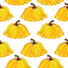 Orange pattypan squash seamless pattern. Watercolor pattypan squash isolated on white background for cover, fabric, textile, t-shirt design, poster, wrapping, harvest festival, thanksgiving