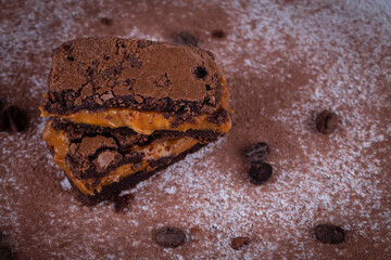 Chocolate brownie with delicious dulce de letche filling. Closeup photography.