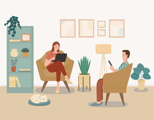 A guy and a girl are sitting in the same room and each on the Internet. A young woman and a man work at home. Family and cat in a cozy interior. Cute cartoon flat vector illustration.