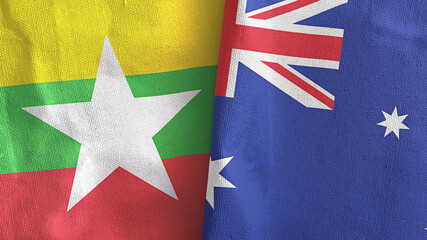 Australia and Myanmar two flags textile cloth 3D rendering