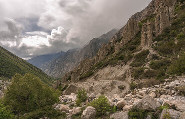 Gangotri is one of the main Hindu holy places of pilgrimage in the Himalayas. The trail from Gangotri to Gomukh runs between the mountain peaks.