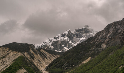 Gangotri is one of the main Hindu holy places of pilgrimage in the Himalayas. The trail from Gangotri to Gomukh runs between the mountain peaks.