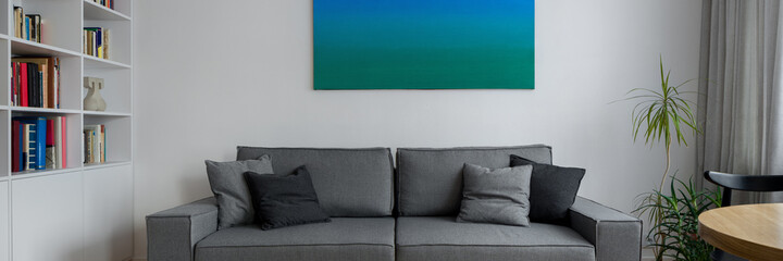 Gray couch in living room, panorama