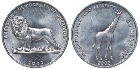 Congo Congolese aluminum coin 50 fifty centimes 2002, subject FAO, heraldic lion left, giraffe,