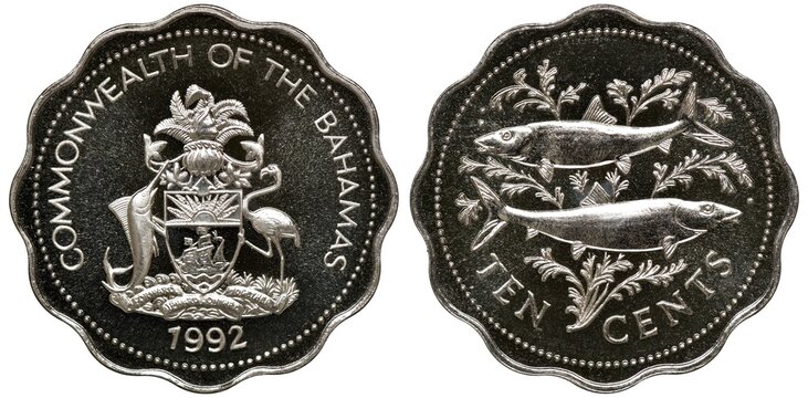 The Bahamas coin 10 ten cents 1992, arms, shield with supporters, Bone Fish among seaweed, 