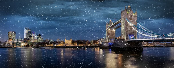 Gartenposter Panoramic view of the illuminated skyline of London, United Kingdom, during winter night time with falling snow over the Tower Bridge and City © moofushi