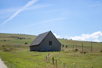 Obraz premium Fantastic mountain views in Montenegro. The mountains are covered with grass and trees. Beautiful blue sky. Lonely house in the mountains