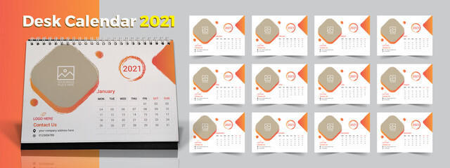 Fototapeta na wymiar 2021 desk calendar design, calendar design for 2021, Set of 12 Months, Desk calendar 2021, Calendar template. 