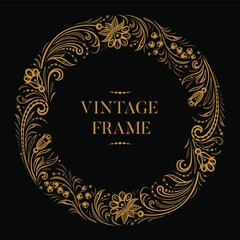 Vintage circle ornamental frame. Russian traditional folk style of hohloma. Golden ornate floral ornament on black background