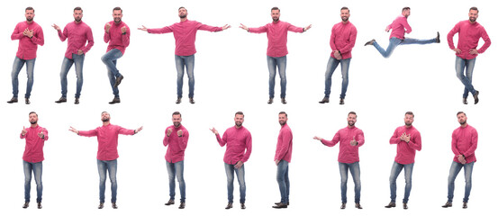 collage of photos of an emotional man in a red shirt