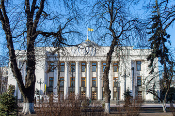 The flag on the top of Verkhovna Rada building (parliament house) on Hrushevsky street in Mariinsky park in Kyiv, Ukraine on January 12, 2020. 