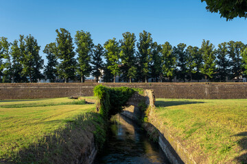 Fototapeta na wymiar Medieval fortress wall and city park in the Italian town of Lucca, Tuscany, Italy