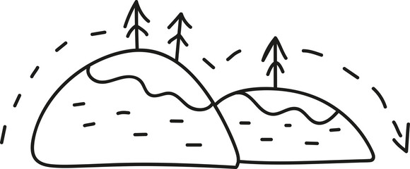 way signpost through hills with trees in doodle style