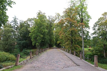 Fototapeta na wymiar Very old stone bridge in the park next to the Manor in the Latvian Kazdanga in October 2020
