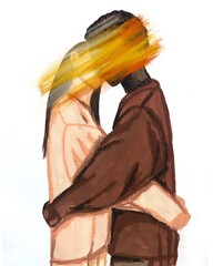 Fashion sketch. African American man kissing Asian girl. tender kiss of lovers illustration. gouache texture. valentine's day card. Yellow paint stroke. Contemporary art