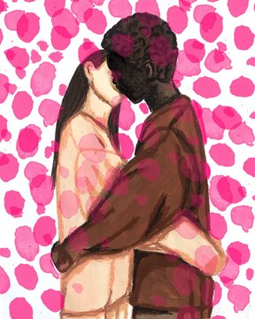 African American man kissing Asian girl. tender kiss of lovers illustration. gouache texture. valentine's day card. Pink watercolor strokes 