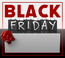 Fototapeta na wymiar Black Friday sale banner, white and red text on elegant background with bow, ribbon. shopping concept