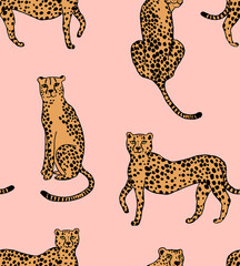 Seamless repeat pattern with hand drawn doodle sketched cheetah or leopard in different poses, half drop on a soft pink blush background © Pattern_Talent