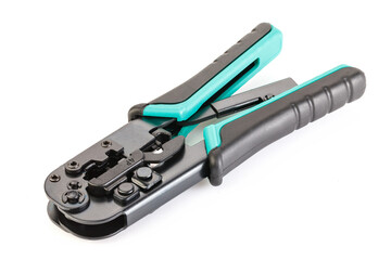 Modular crimper for RJ-45 and RJ-11 isolated on white background. internet or telephone line cables and crimper. Crimping connector RJ45 and LAN cable. Full depth of field. Close-up