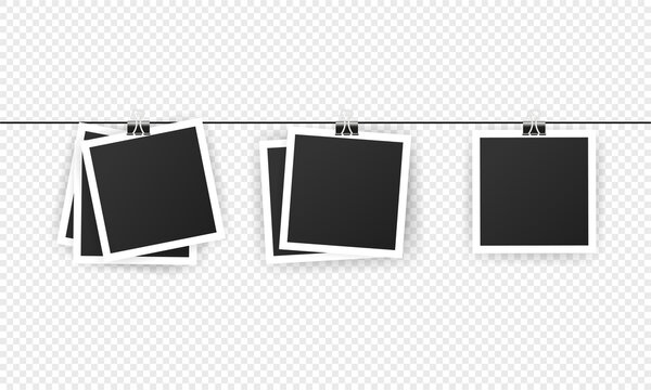 Blank instant photo frame set hanging on a clip.Realistic detailed photo icon design template. Black empty vintage photo frames templates. Vector illustration isolated on transparent background.