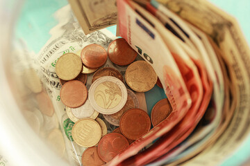 piggy bank with money and coins from the inside