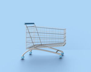 Shopping cart empty on blue background, 3d illustration