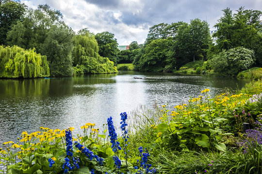 View of Orsted park (Orstedsparken, 1879) - a public park in central Copenhagen. Orsted Park is one in a series of parks which laid out on grounds of old fortification ring. Copenhagen, Denmark.