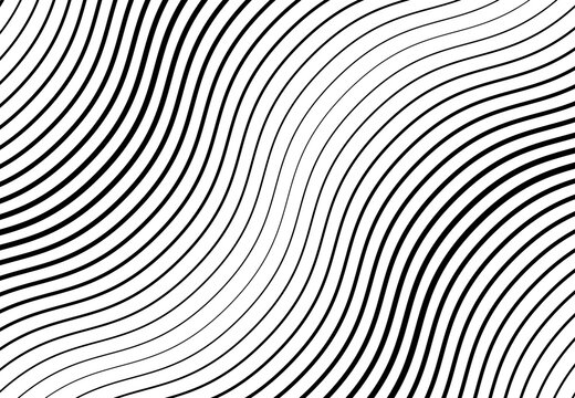Wavy, waving and undulating, billowy diagonal, skew, tilt and oblique lines, stripes abstract black and white, monochrome design element, background, pattern and texture
