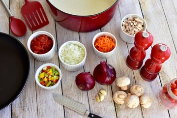 Fresh organic healthy ingredients ready for preparing homemade stews and soups for family meals to eat 