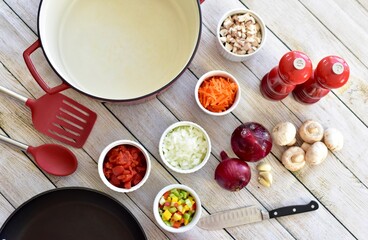 Fresh organic healthy ingredients ready for preparing homemade stews and soups for family meals to eat 