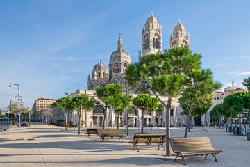 Place de la Major square and the Cathedral of Saint Mary Major in Marseille, France - obrazy, fototapety, plakaty