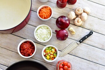 Fresh organic healthy ingredients ready for preparing homemade stews and soups for family meals to eat 